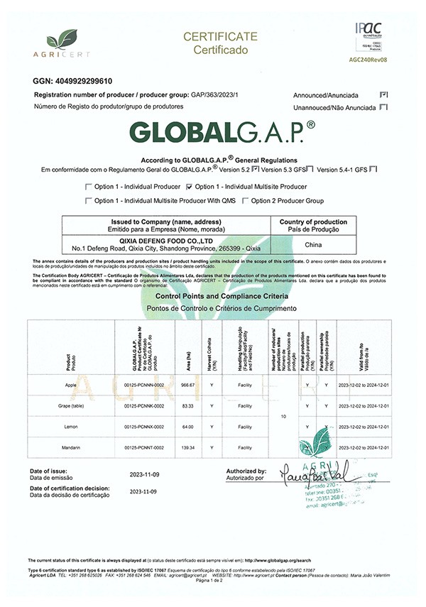 GLOBAL G.A.P.全球良好農(nóng)業(yè)規(guī)范證書(shū)